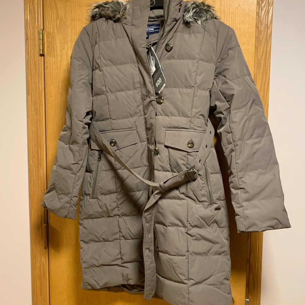 Lands' End Women's Brown Puffer Coat with Faux Fur Hood